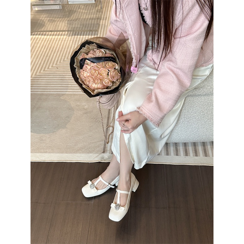 Giày búp bê Mary Jane tiểu thư đính đá đế 3cm