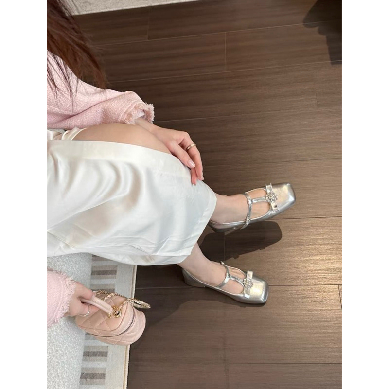 Giày búp bê Mary Jane tiểu thư đính đá đế 3cm