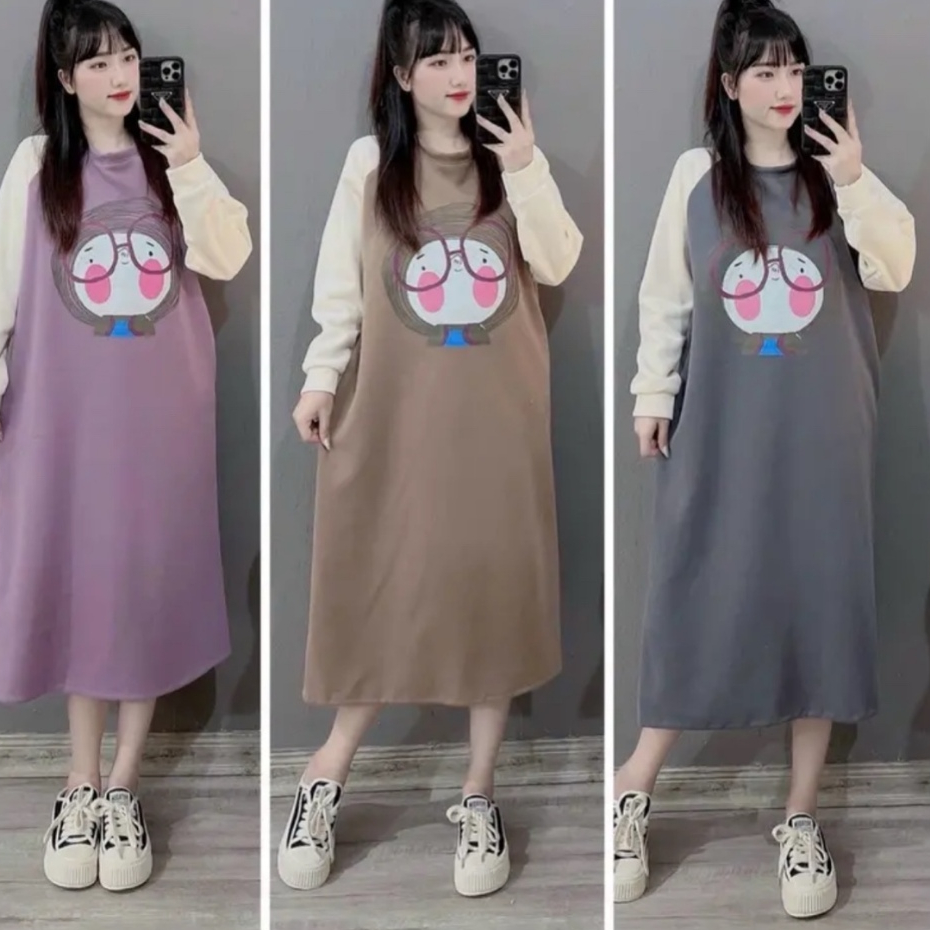Váy bầu dài tay nỉ da cá cổ tròn, đầm bầu xinh trẻ trung dáng dài hình cừu
