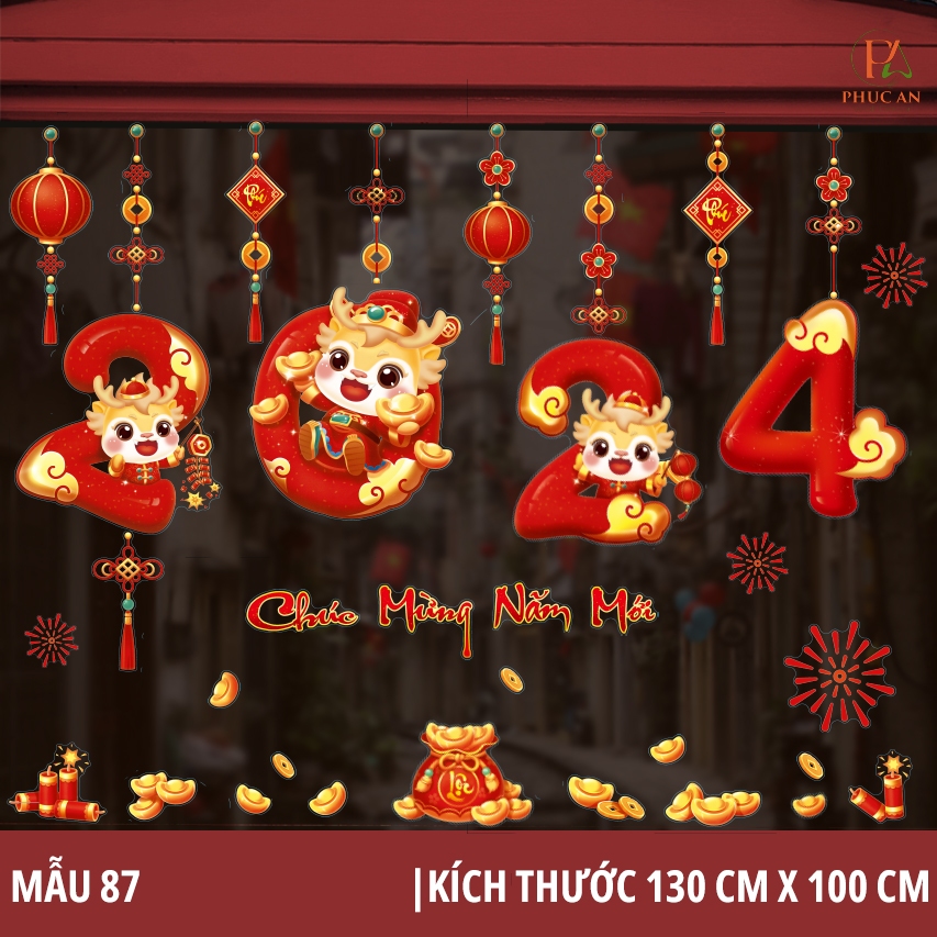 DECAL TẾT 2024 CHỮ TIẾNG VIỆTDecal dán tường, dán kính 2 mặt trang trí năm mới, PA087