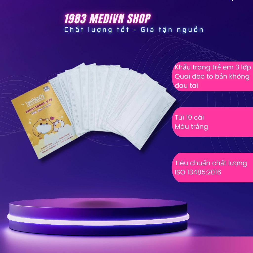 Khẩu trang y tế TTC 3 lớp trẻ em màu Trắng túi 10 cái