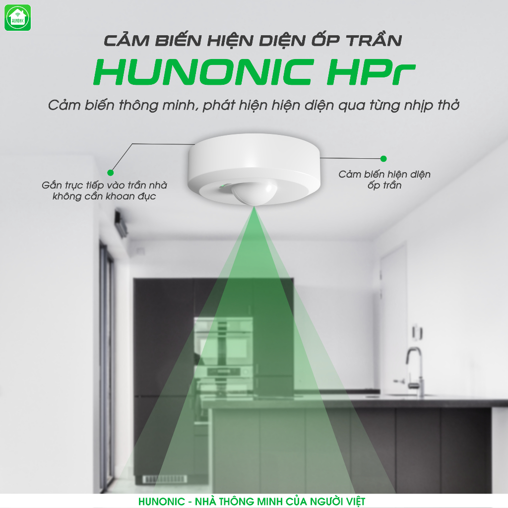 Cảm Biến Hiện Diện Ốp Trần, Âm Trần Hunonic HPR, Phát Hiện Chính Xác Con Người, Người Còn Thở Là Đèn Còn Sáng, BH 1 Năm