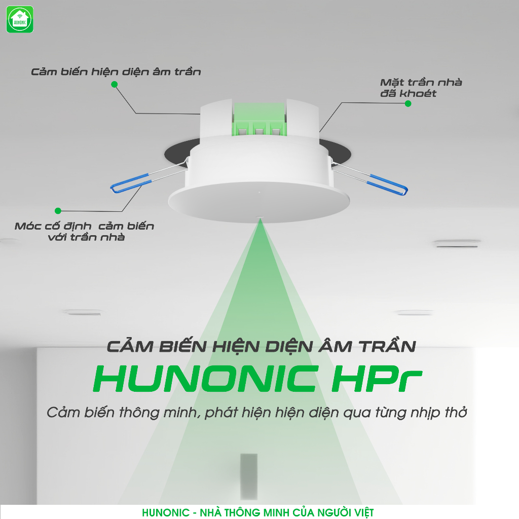 Cảm Biến Hiện Diện Ốp Trần, Âm Trần Hunonic HPR, Phát Hiện Chính Xác Con Người, Người Còn Thở Là Đèn Còn Sáng, BH 1 Năm