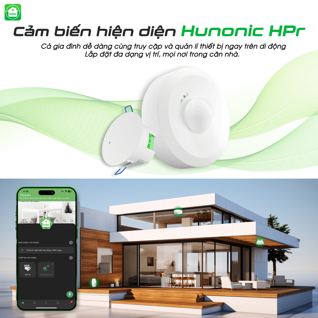 Cảm Biến Hiện Diện Ốp Trần, Âm Trần Hunonic HPR, Phát Hiện Chính Xác Con Người, Người Còn Thở Là Đèn Còn Sáng, BH 1 Năm