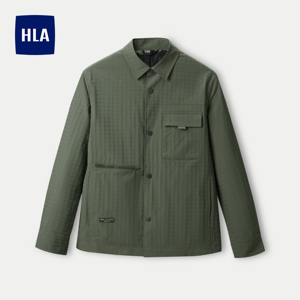 HLA - Áo khoác nhẹ nam cổ bẻ vân kẻ ô túi trước ngực Checked pattern shirt collar divine green Jacket