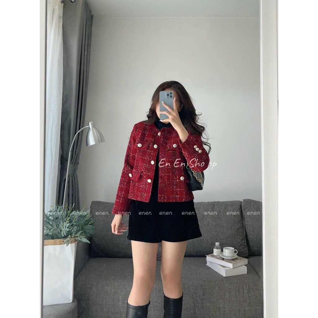 Áo khoác dạ nữ màu đỏ, áo dạ dáng ngắn thiết kế tay dài 4 túi, áo vải dạ tweed đính cúc đồng sang chảnh tiểu thư