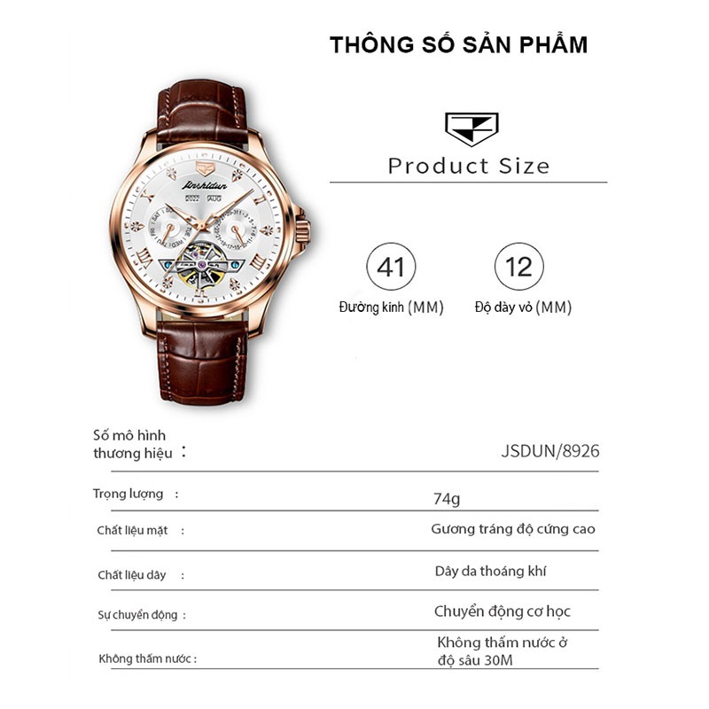 Đồng hồ automatic nam chính hãng lộ máy cơ chống thấm nước,Đồng hồ JSDUN có dạ quang,Đồng hồ đeo tay quà tặng nam giới