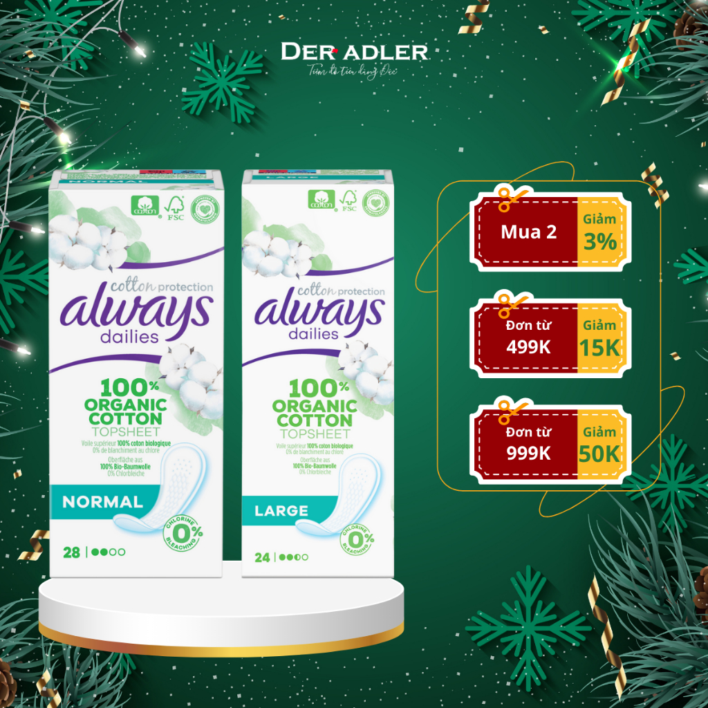 Băng vệ sinh hàng ngày hữu cơ đủ size, không mùi, lành tính ALWAYS DAILY COTTON