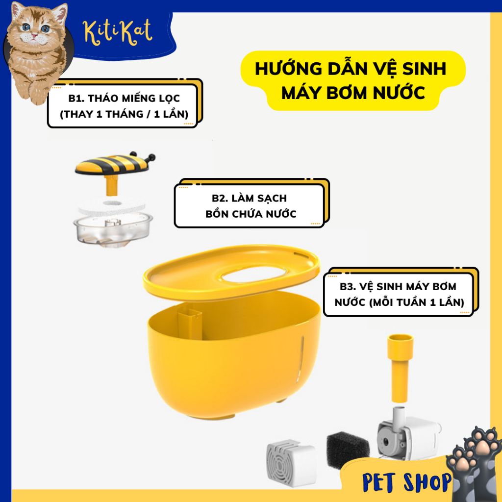 Máy lọc nước cho thú cưng hình ong vàng dung tích 2000ml, Máy lọc nước cho mèo tuần hoàn oxy lọc nước thứ cấp