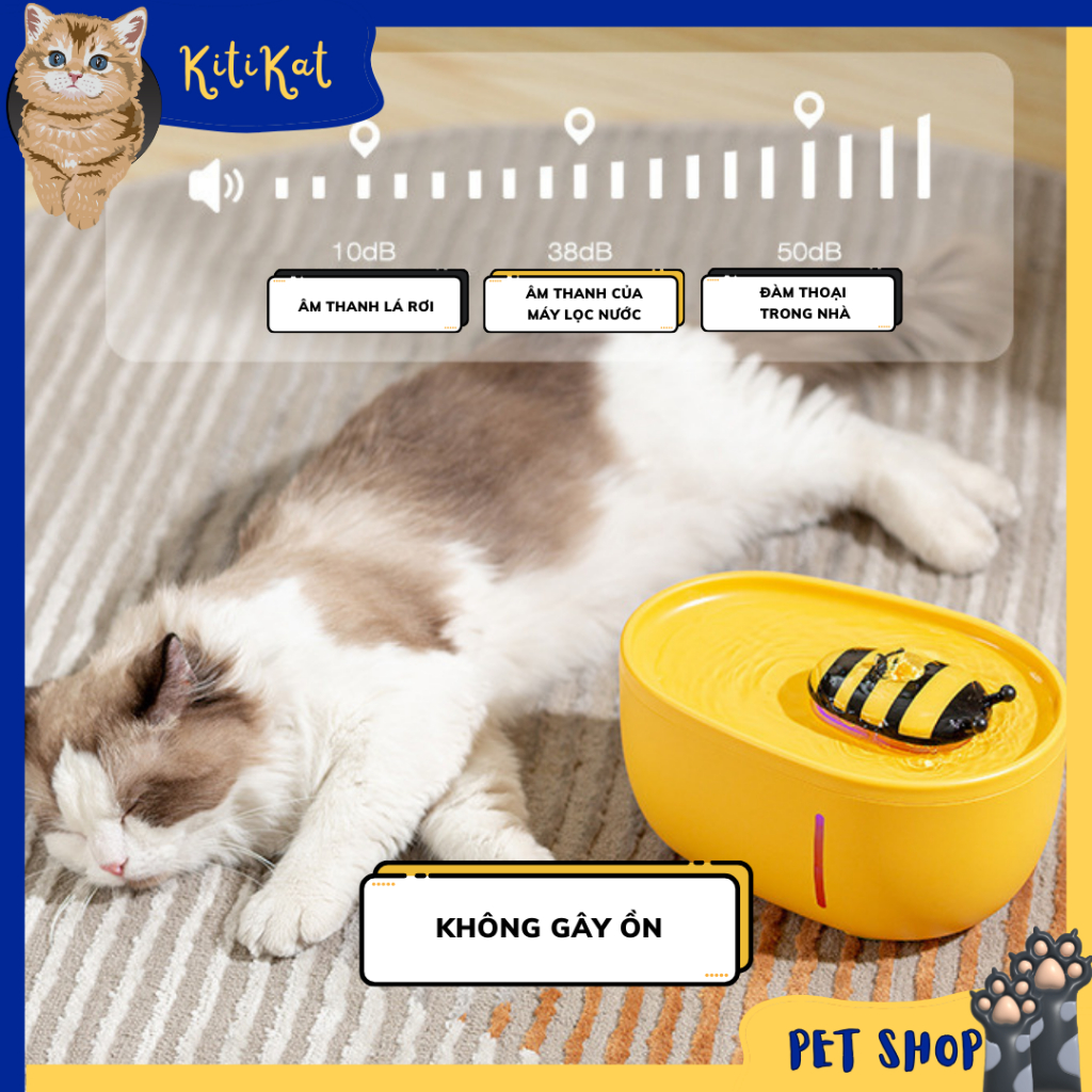 Máy lọc nước cho thú cưng hình ong vàng dung tích 2000ml, Máy lọc nước cho mèo tuần hoàn oxy lọc nước thứ cấp