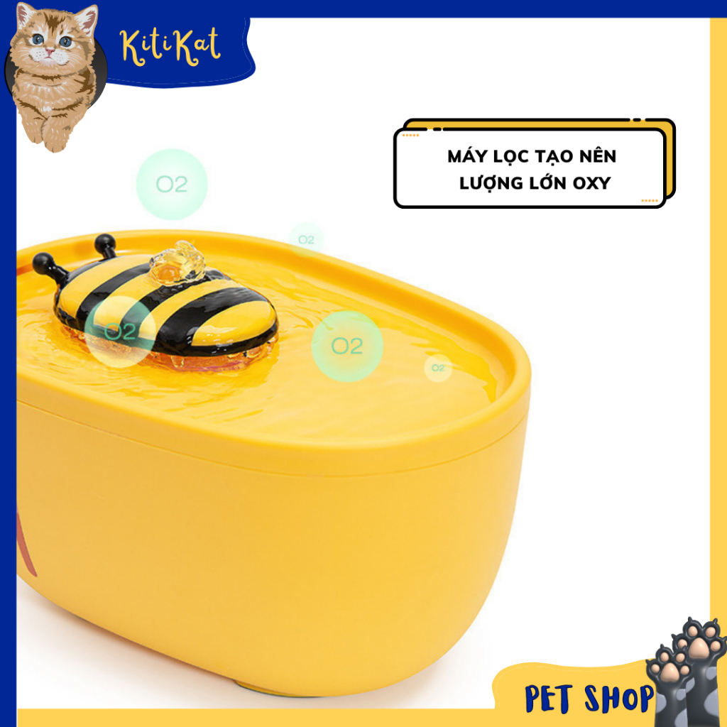 Máy lọc nước cho thú cưng hình ong vàng dung tích 2000ml, Máy lọc nước cho mèo tuần hoàn oxy lọc nước thứ cấp