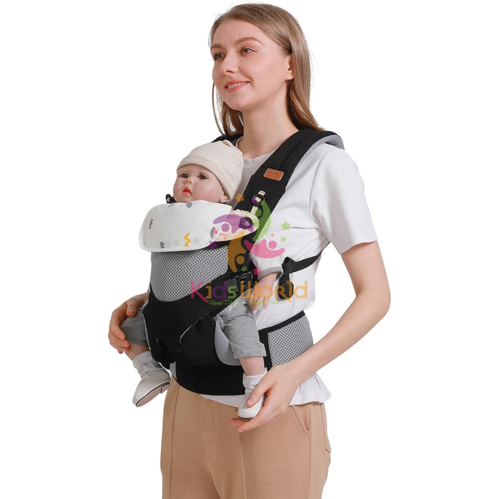 Địu em bé trợ lực KidsWorld 360 Cool Air Mesh 4 tư thế thoáng khí có đỡ cổ che đầu cho bé Và Có kèm khăn nước miếng