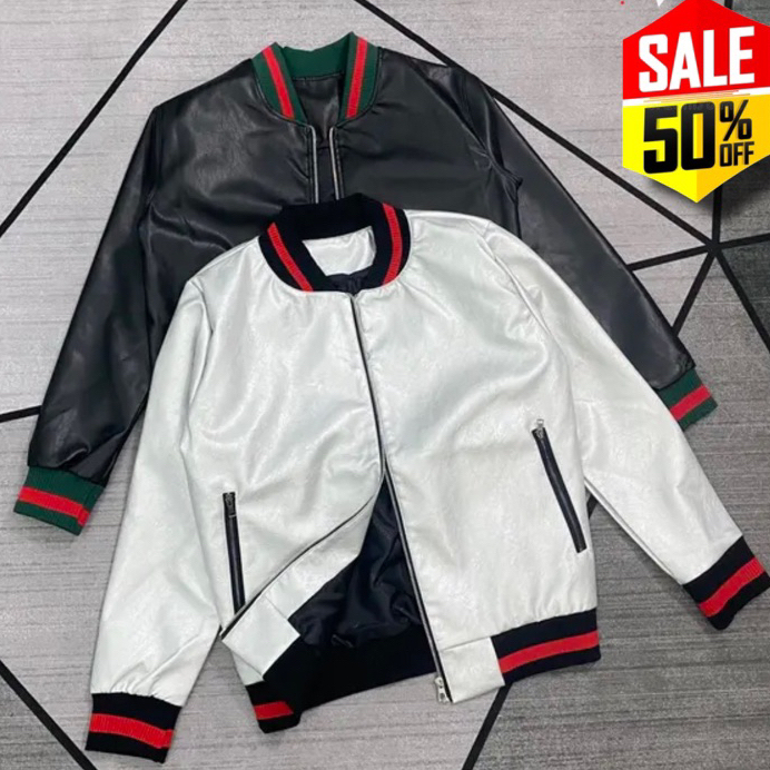 Áo Bomber Da Bạc Guci 2 Lớp Lót Gió Cao Cấp Áo Khoác Da GC Thu Đông Nam Nữ thời trang Chất Liệu Da 2 Lớp