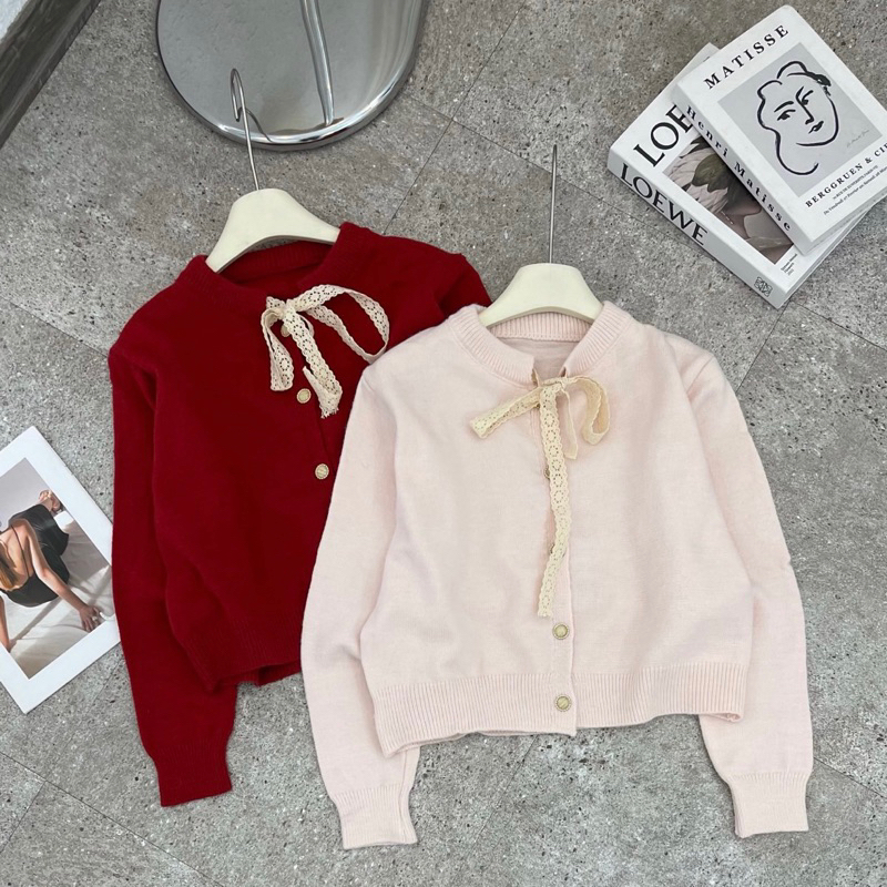 Áo len phối nơ ren sang chảnh , áo cardigan len  cổ viền