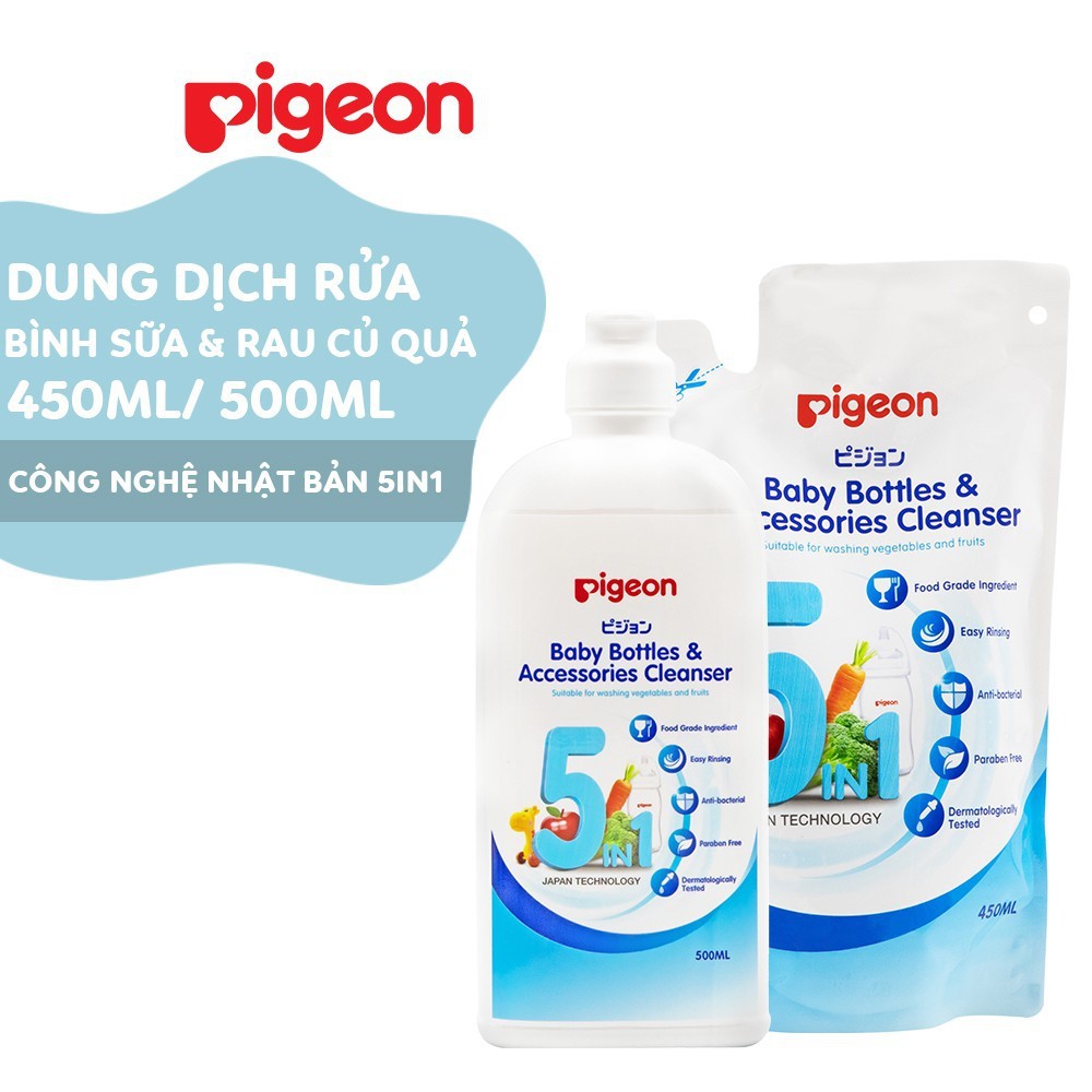 Nước rửa bình sữa và rau củ quả Pigeon eco 5 trong 1 chai 500ml / Túi 450ml