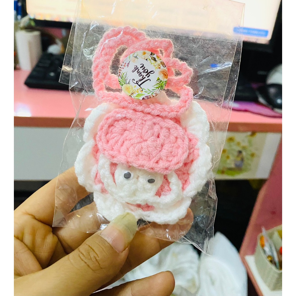 Túi đựng tỏi cho bé móc vải len, có dây đeo