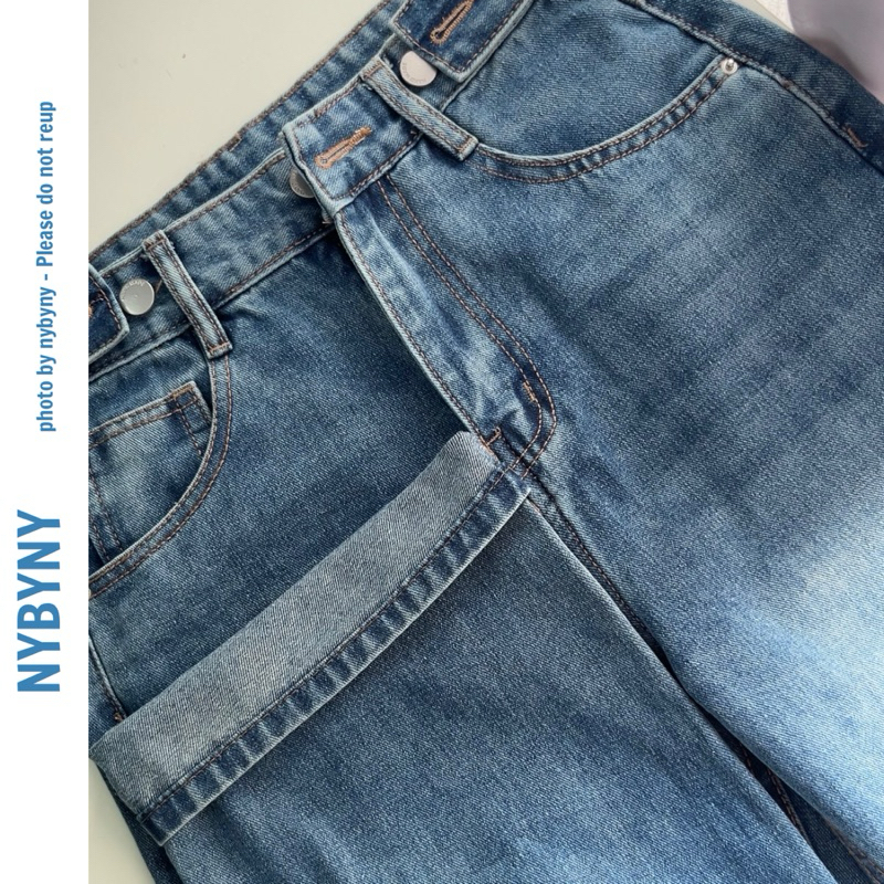 Quần Jeans Nữ Dài 107cm Form Basic màu Xanh Denim Đai Nút nybyny
