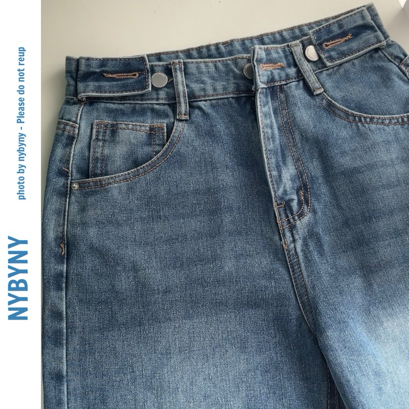 Quần Jeans Nữ Dài 107cm Form Basic màu Xanh Denim Đai Nút nybyny