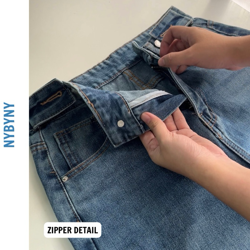 Quần Jeans Nữ Dài 107cm Form Basic màu Xanh Denim Đai Nút nybyny