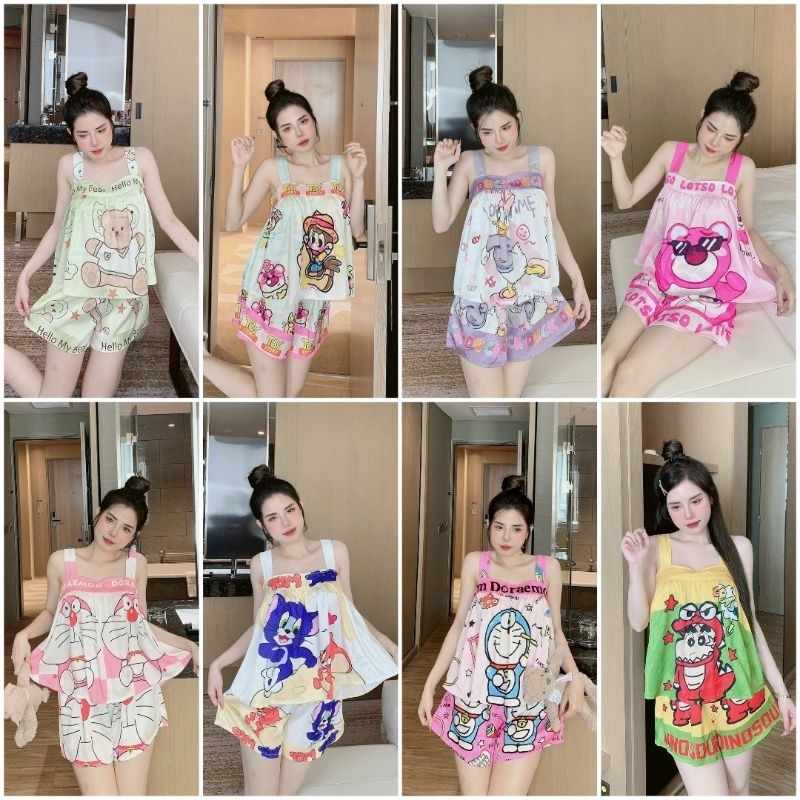 Đồ bộ Pjzama nữ dễ thương, đồ bộ đùi 2 dây xinh xắn chất lụa xước siêu mềm mịn mát