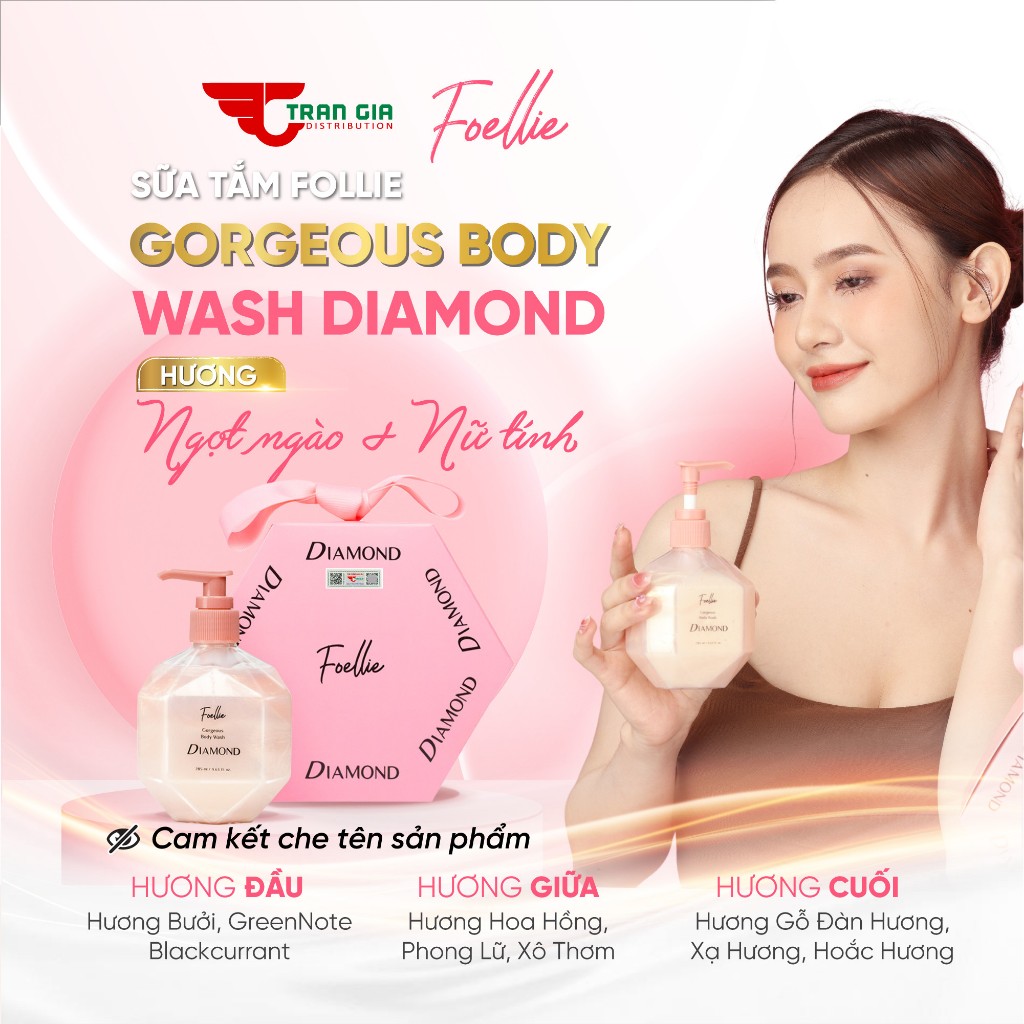 Sữa tắm nước hoa cao cấp FOELLIE Hàn Quốc Gorgeous Body Wash Diamond,  sữa tắm trắng da, lưu hương lâu 285ml
