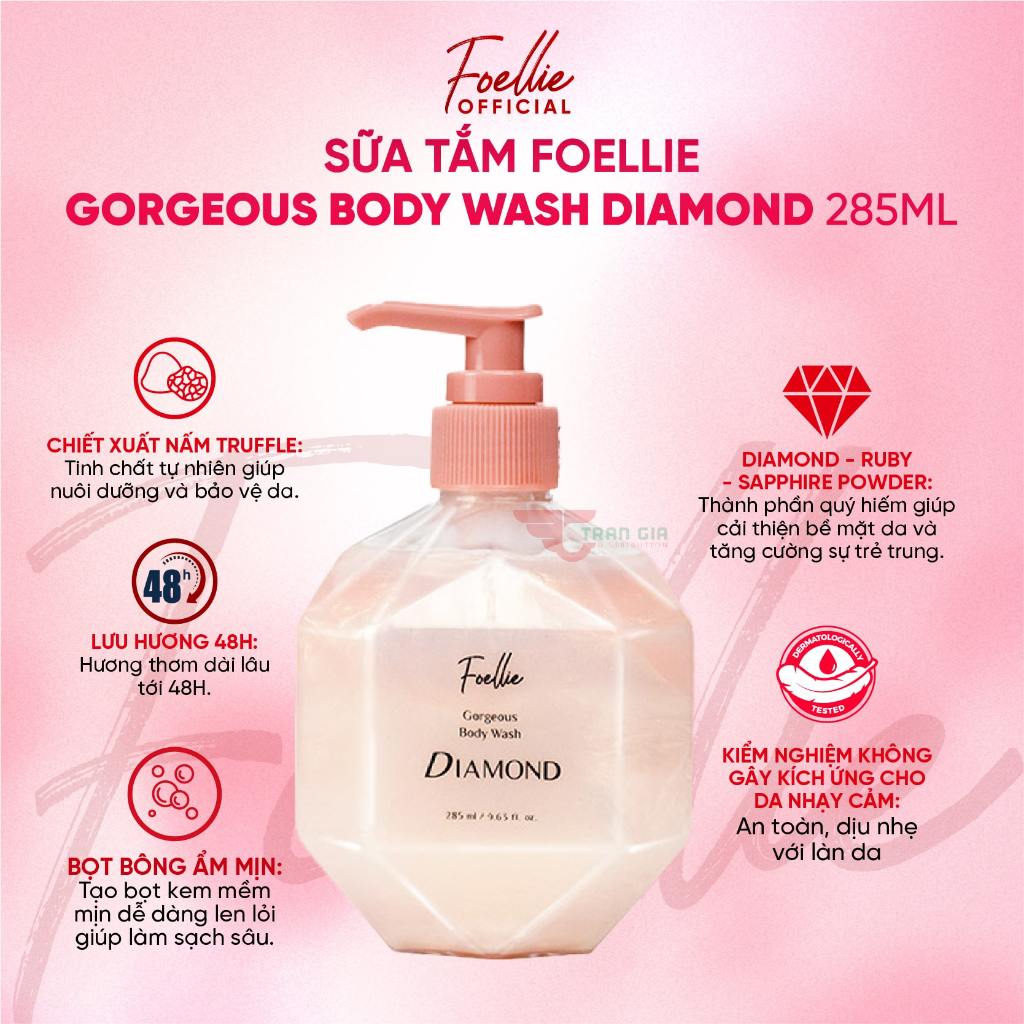 Sữa tắm nước hoa cao cấp FOELLIE Hàn Quốc Gorgeous Body Wash Diamond,  sữa tắm trắng da, lưu hương lâu 285ml