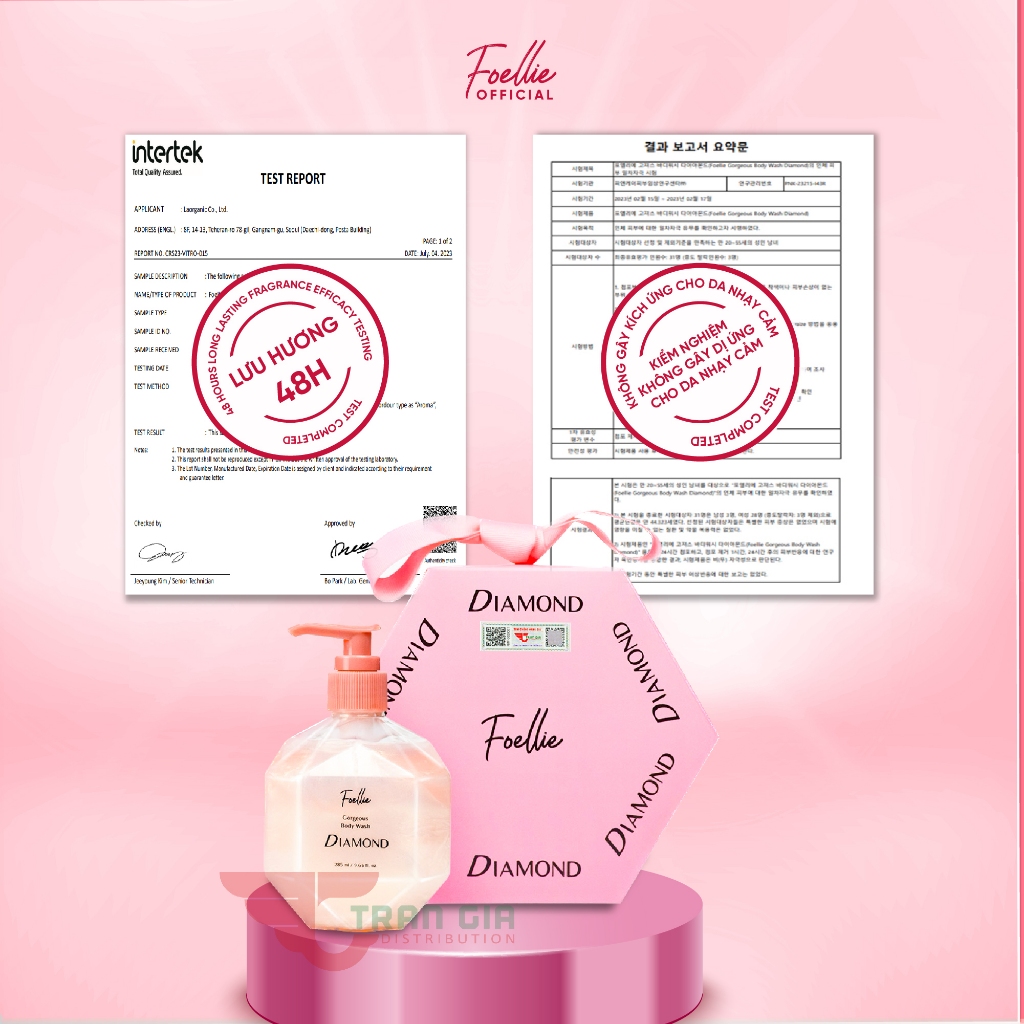 Sữa tắm nước hoa cao cấp FOELLIE Hàn Quốc Gorgeous Body Wash Diamond,  sữa tắm trắng da, lưu hương lâu 285ml