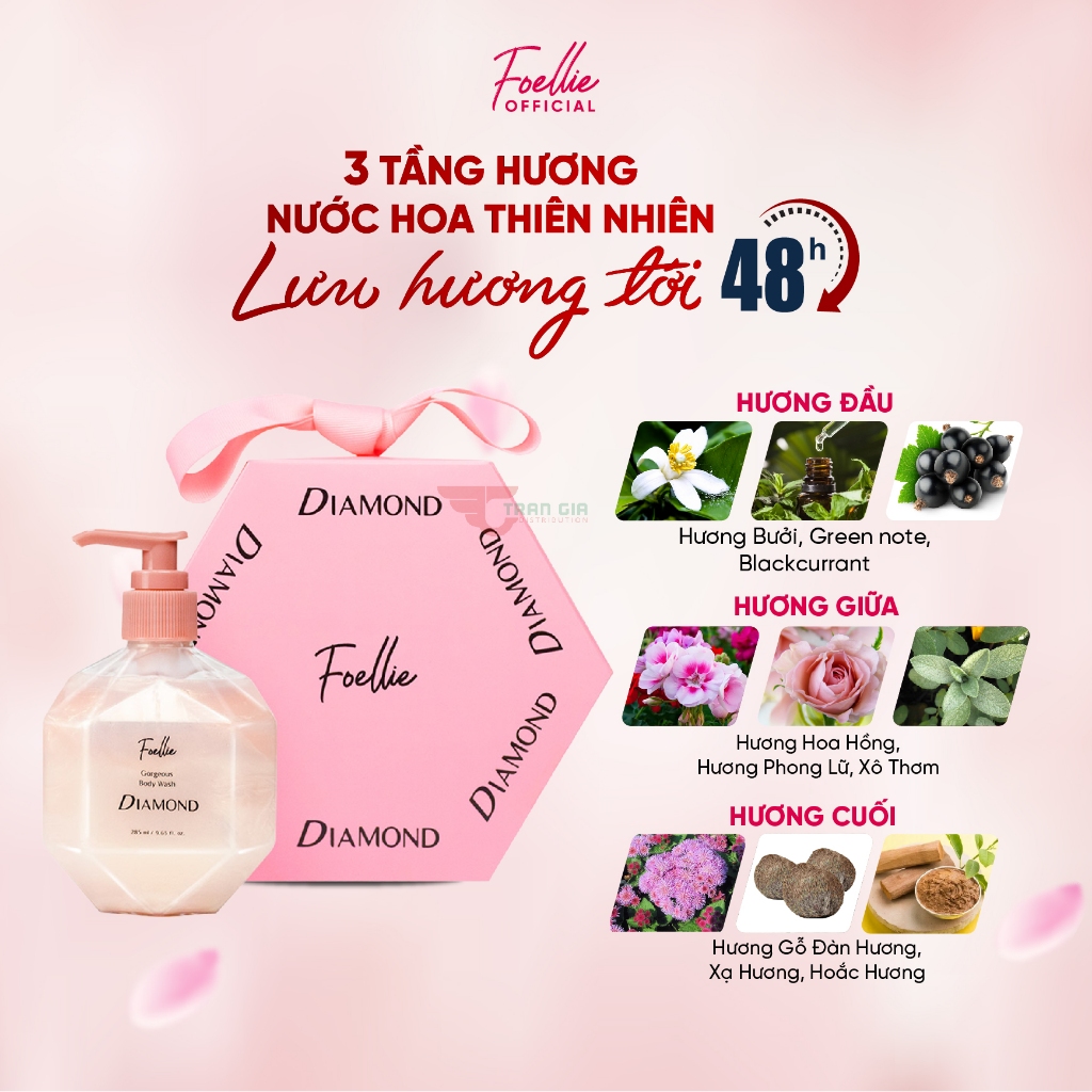 Sữa tắm nước hoa cao cấp FOELLIE Hàn Quốc Gorgeous Body Wash Diamond,  sữa tắm trắng da, lưu hương lâu 285ml