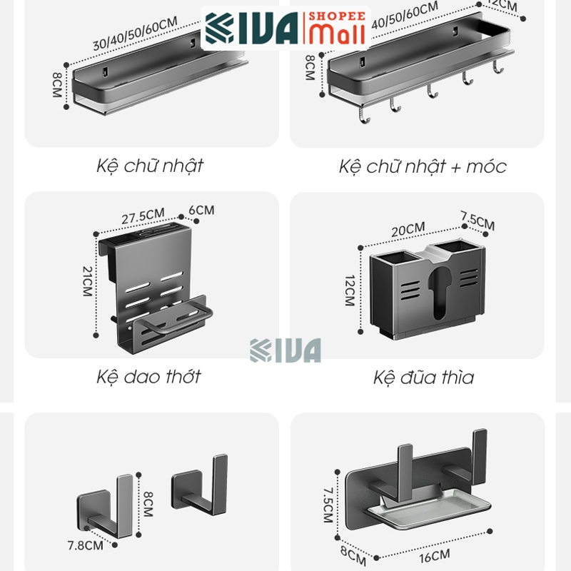 Kệ gia vị nhà bếp đa năng KIVA, chất liệu thép Carbon, lắp đặt dán tường, khoan tường, bảo hành 10 năm.