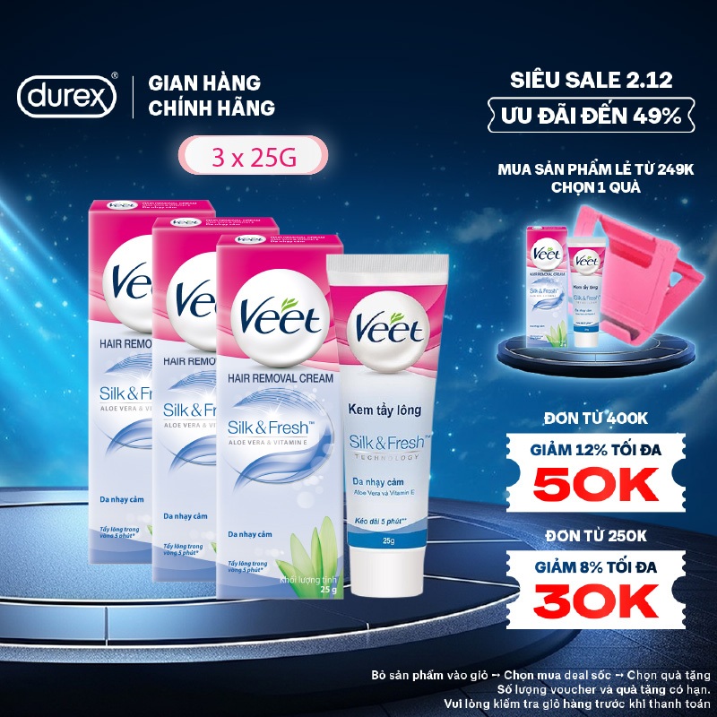 Bộ 3 Kem tẩy lông cho da nhạy cảm Veet Silk Fresh 25g/tuýp