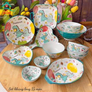 Bộ bát đĩa sứ Khủng Long Xanh-bộ bát Decor-bộ bát ăn cơm dễ thương viền xanh,chén dĩa sứ VuaDecor