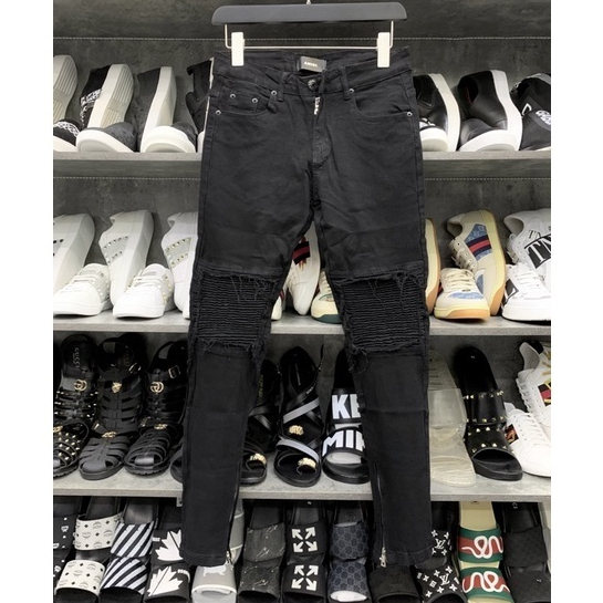 Quần jean bò nam slimfit Amiri đen gối rách xước vá vải nhăn phối khoá zip ống chân phong cách streetwear hot trendJB049