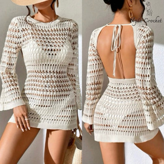 Áo Lưới Đi Biển Dáng Ôm Hở Lưng Tay Loe, Áo Len Móc Mặc Ngoài Bikini Tay Chuông Dây Lưng Dáng Ngắn Ôm Body Gợi Cảm