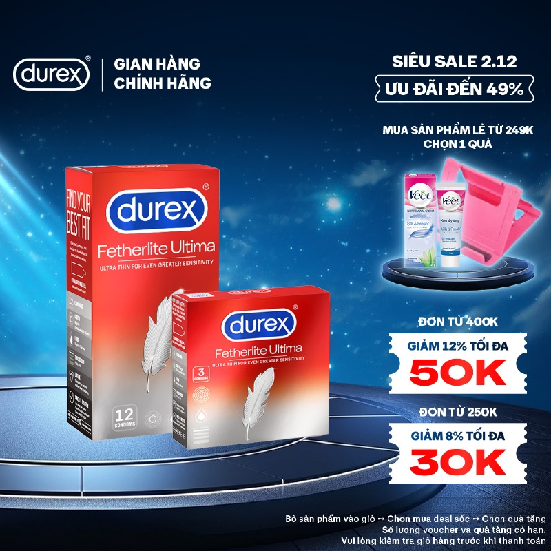 Bộ bao cao su Durex Fetherlite Ultima siêu mỏng, size 52mm, 1 hộp 12 bao và 1 hộp 3 bao