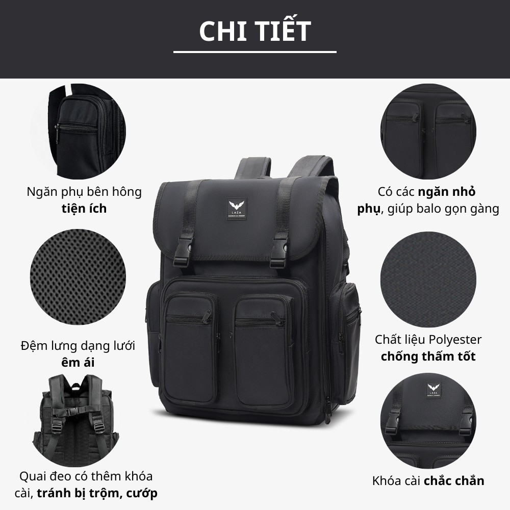 Balo laptop LAZA Simple Backpack 500 - Hàng thiết kế cao cấp trượt nước - Bảo hành trọn đời