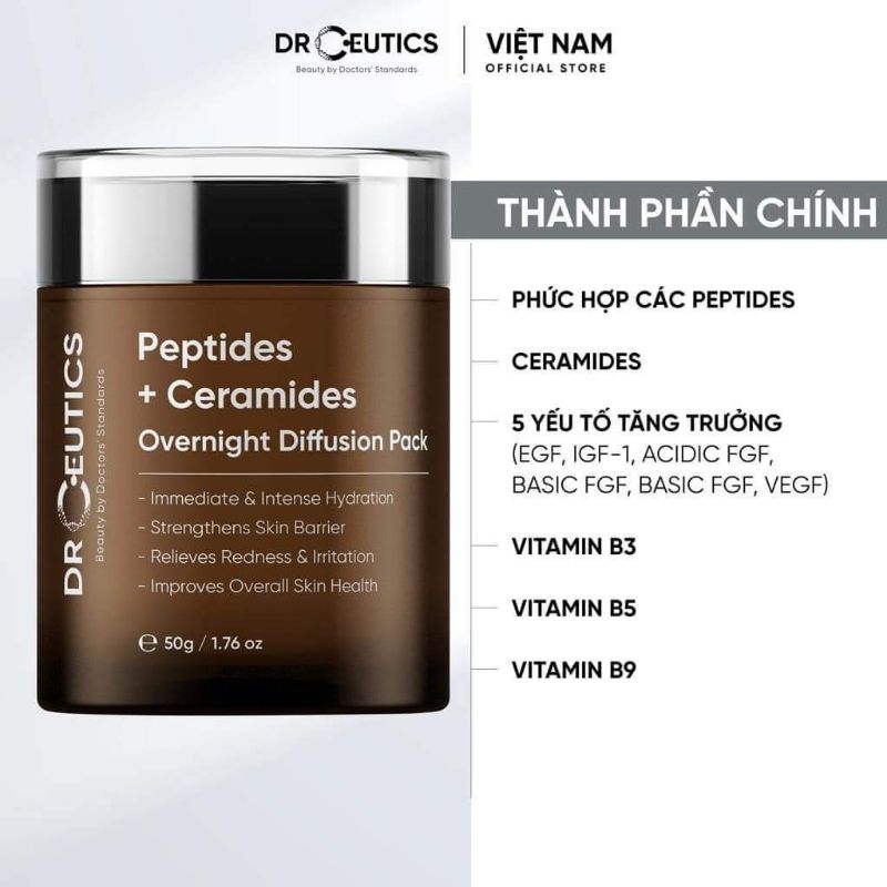Drceutics Kem dưỡng phục hồi PEPTIDES + CERAMIDES OVERNIGHT DIFFUSION PACK 50g