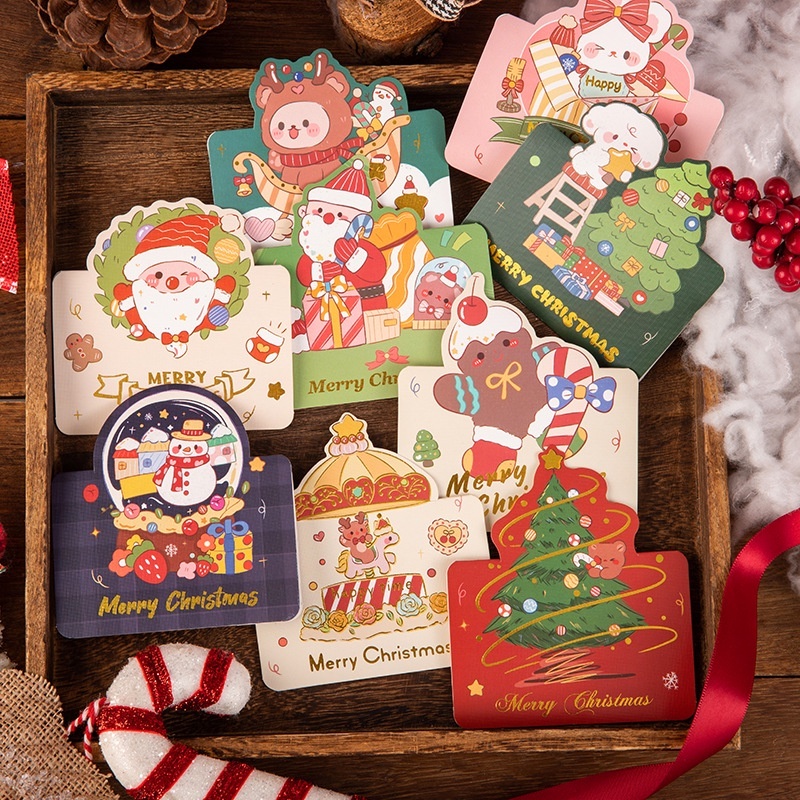 Thiệp giáng sinh, thẻ quà tặng Noel Mini phụ kiện treo trang trí in hình ông già Noel, cây thông
