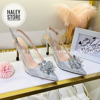 Giày cao gót max kim tuyến phale xám HALEY STORE gót 9cm quai trong đính đá xoàn phale mũi nhọn khóa cài đi tiệc đi chơi