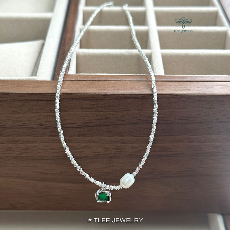 Dây chuyền bạc nữ TLEE vòng cổ hạt vụn bạc mix charm đá vuông xanh cá tính TLEE JEWELRY D0361