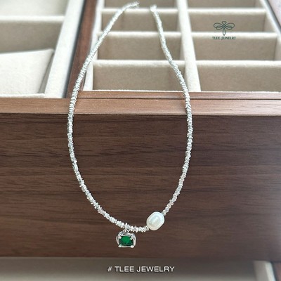 Dây chuyền bạc nữ TLEE vòng cổ hạt vụn bạc mix charm đá vuông xanh cá tính TLEE JEWELRY D0361