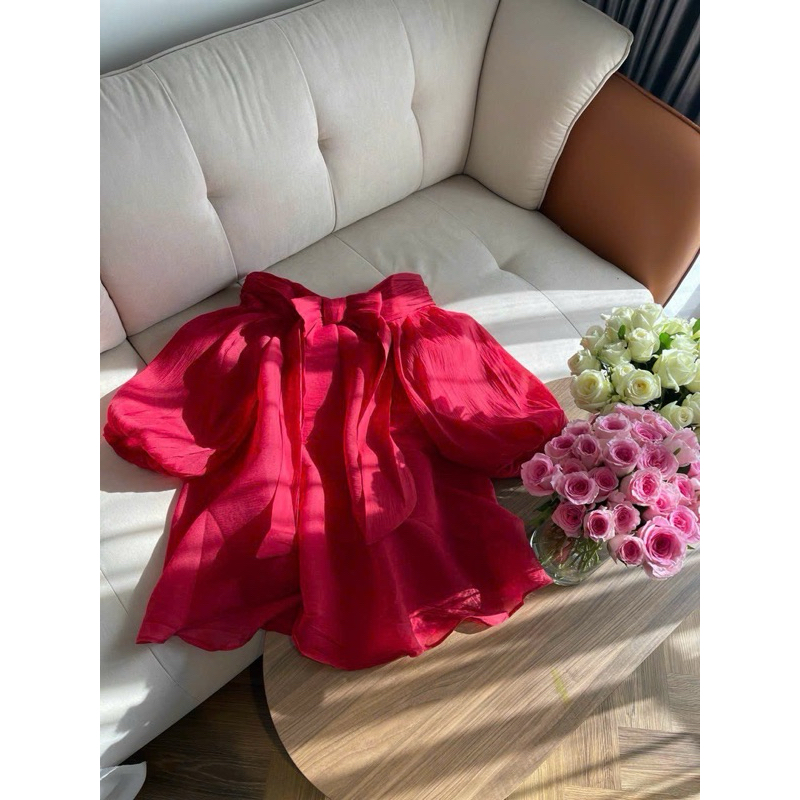 ĐẦM DOLL VOAN ĐỎ TAY PHỒNG TRỄ VAI NƠ NGỰC