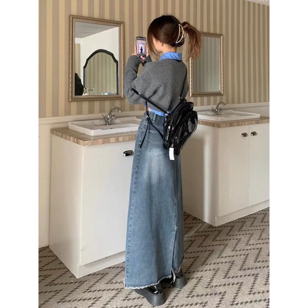 Chân váy jean dài cạp cao, váy bò xẻ sau dáng chữ A cao cấp