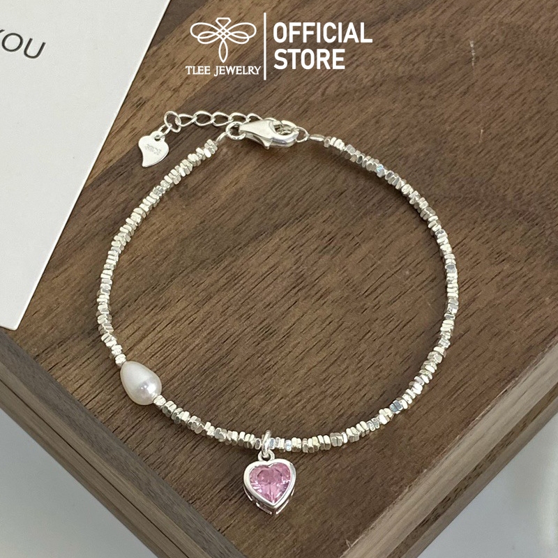 Lắc tay bạc nữ TLEE, vòng tay hạt vụn bạc mix charm trái tim xinh xắn