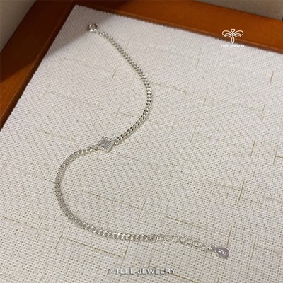 Lắc tay bạc nữ TLEE, vòng tay xích dẹt mặt đá cube lấp lánh TLEE JEWELRY LT0354