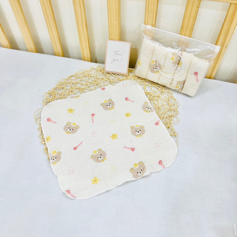 Set 5 cái khăn xô 2 lớp vải muslin cao cấp cho bé mềm mịn, không bụi vải, thấm hút nhanh iuemshop