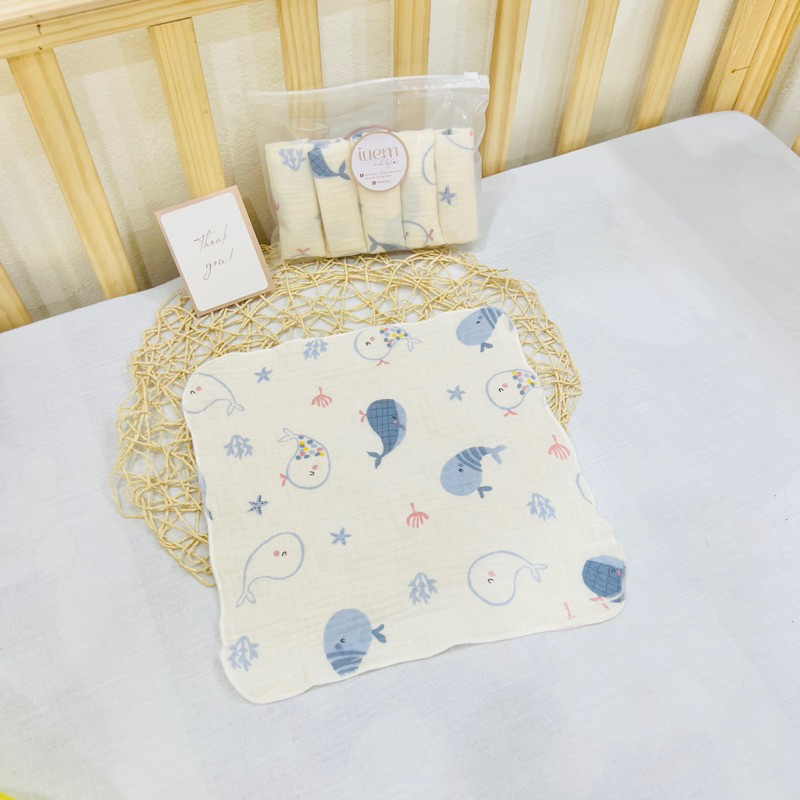 Set 5 cái khăn xô 2 lớp vải muslin cao cấp cho bé mềm mịn, không bụi vải, thấm hút nhanh iuemshop