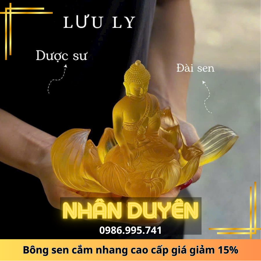Tượng Phật Dược Sư Lưu Ly, Tượng Dược Sư Tọa Đài Sen ,Tượng Phật Dược Sư Lưu Ly + Đế Sen Lưu Ly Màu Cam