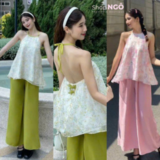 Sét bộ áo yếm hở lưng cột dây, áo yếm tơ lụa QC cao cấp mix quần ống rộng 2 màu xanh,hồng xinh xắn shop ngô fashion