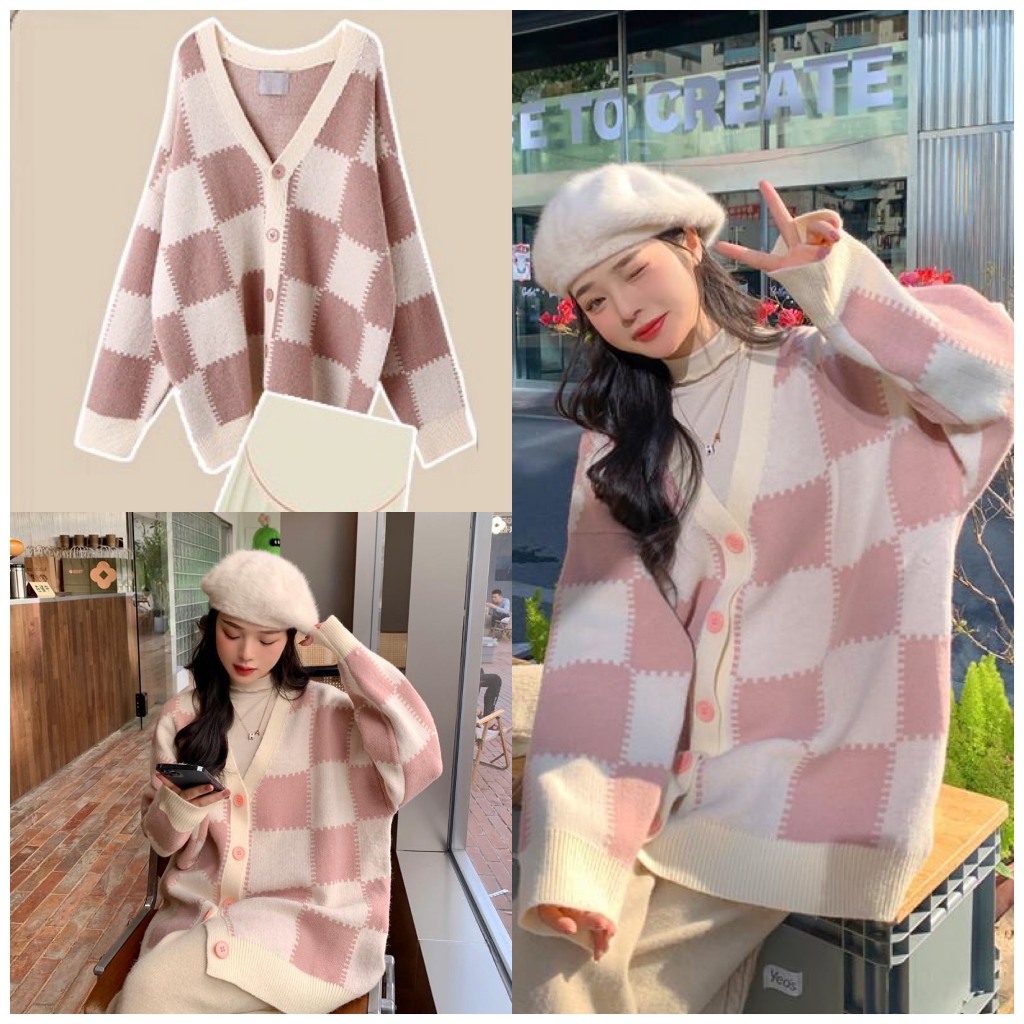 Áo Khoác Nữ, Áo Cadigan len Họa Tiết Bàn Cờ Màu Hồng Pastel Siêu Xinh