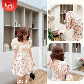 JOLIN | CLARA DRESS - Đầm cúp ngực tay phồng dáng xòe tôn dáng màu trắng kem hoa nhí hồng